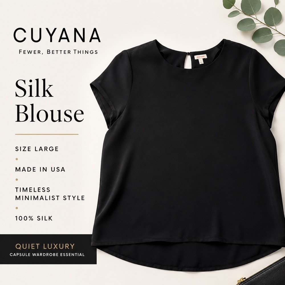 Cuyana Blouse Keyhole Back Size L Black Women Professional Minimalist Silk Top